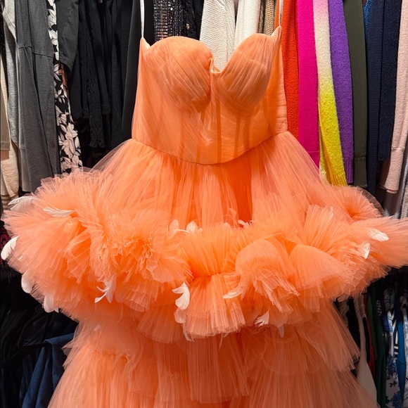 Mac Duggal Peach Strapless Tiered Tulle Gown - Picture 3 of 5